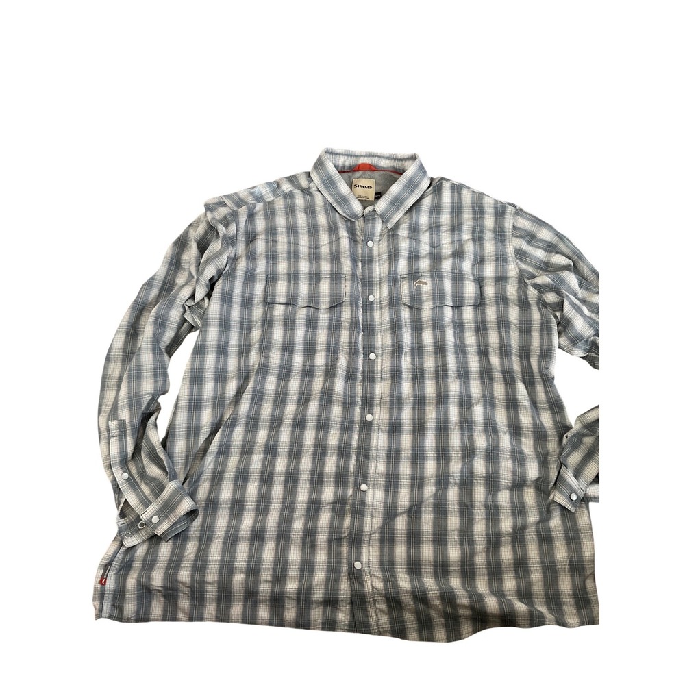 Simms Mens Plaid Western Snap‎ Long Sleeve Fishing Shirt Grey White XLT
